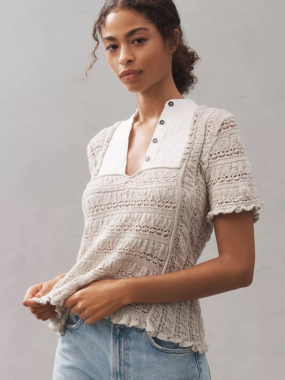 Anthropologie Women's Cream Crochet Knit Button-Placket Top